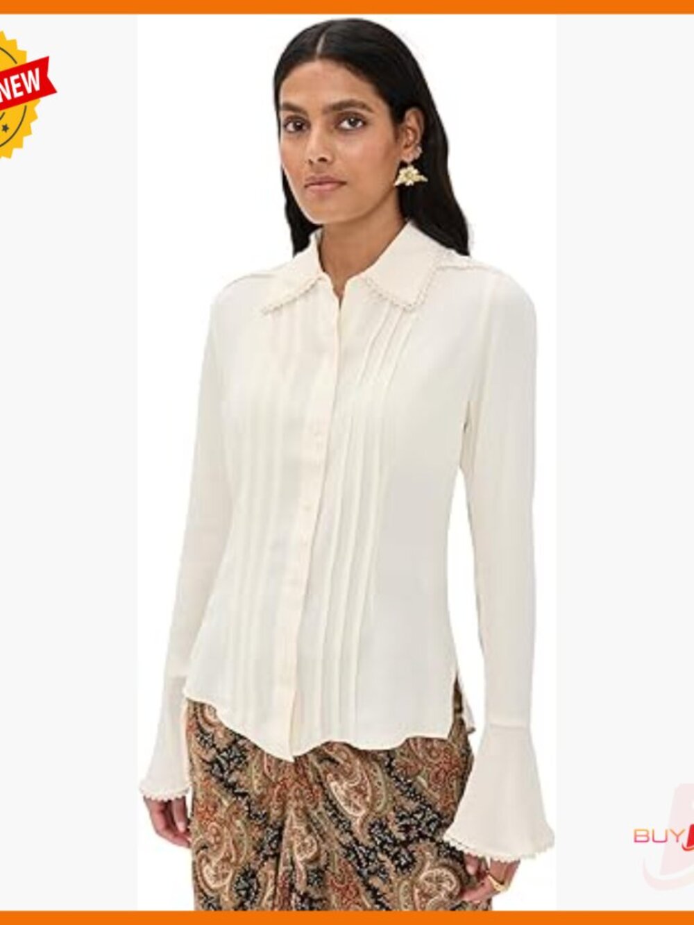 Long Sleeve Bell Sleeve Blouse With Lace Trim, Button Front